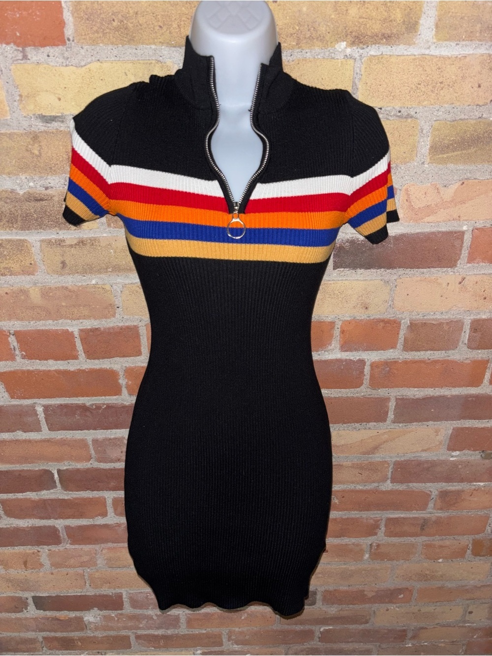 Almost Famous Black Ribbed Zip-Neck Sweater with Red and Orange Stripe 90s Retro